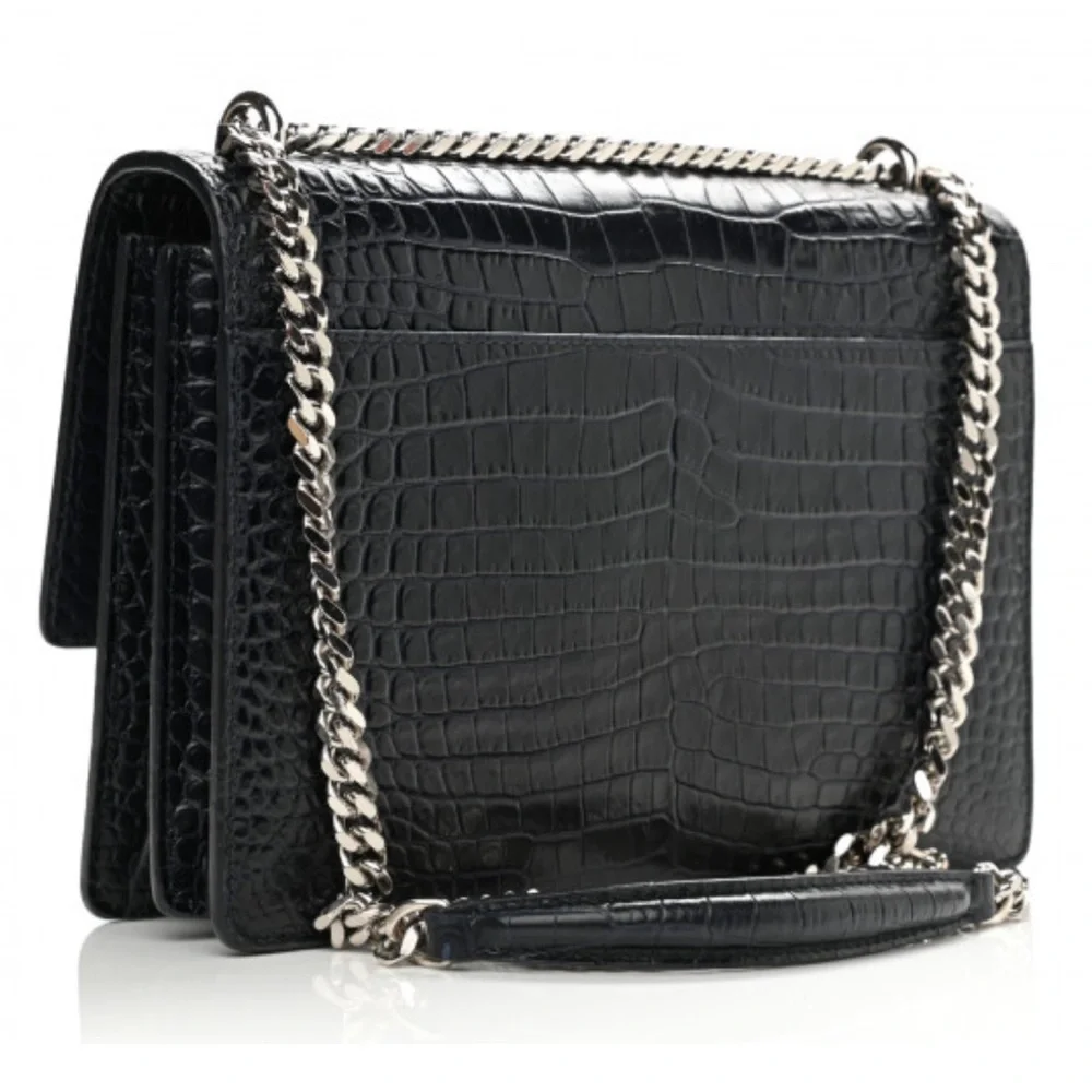 YSL Calfskin Crocodile‎ Embossed Medium Monogram Black Authentic 100%